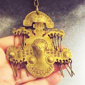 VINTAGE CALIMA COLUMBIA TWO FACED SHAMANS REPOUSSE BRASS W/FRINGE NECKLACE F